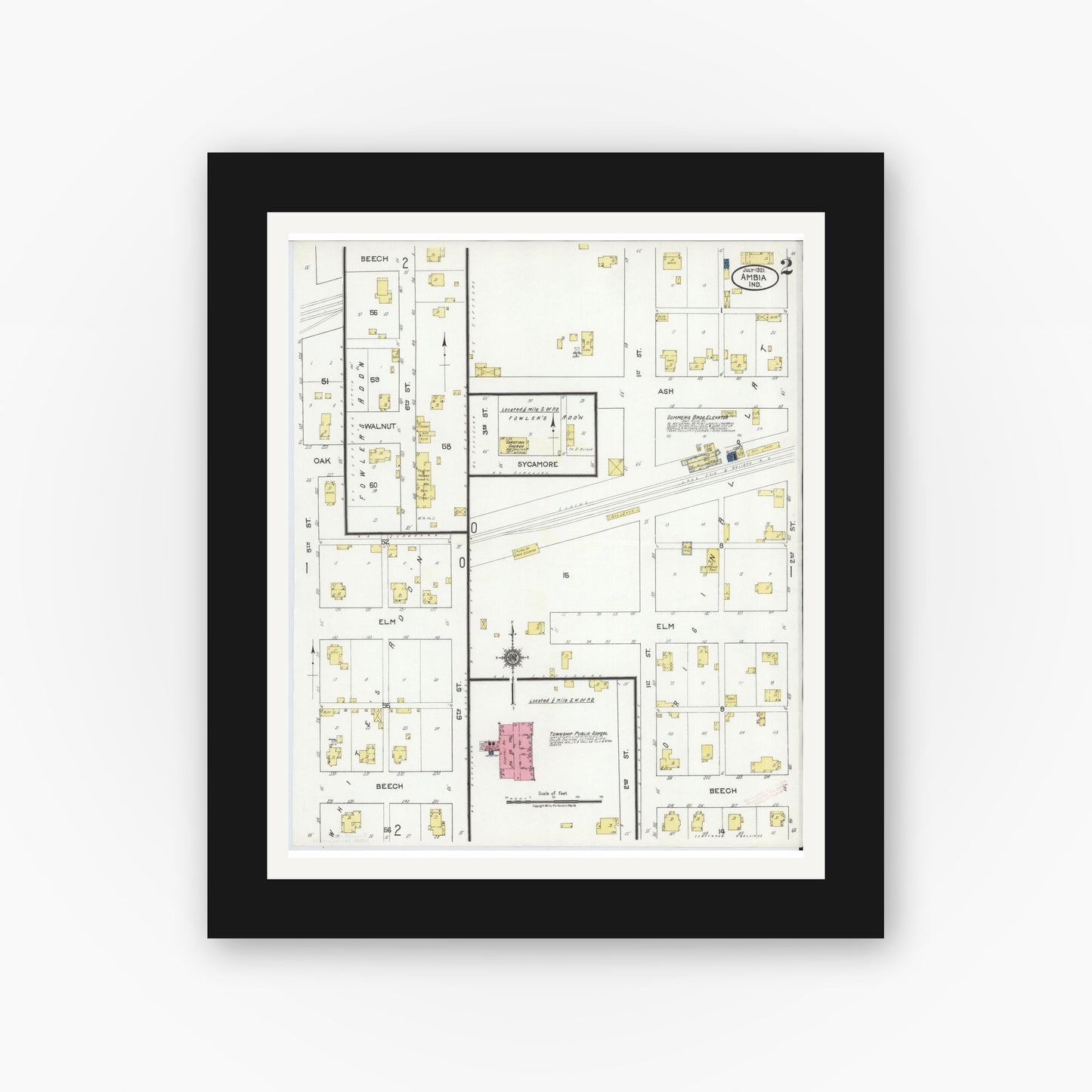 Old map wall art mockup — black gallery frame with white mat — Sanborn Fire Insurance Map from Ambia, Benton County, Indiana (1921), Sheet #0002