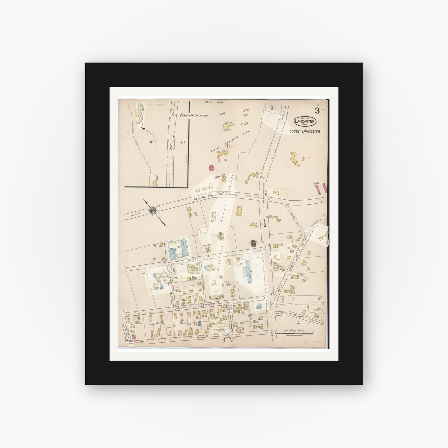 Old map wall art mockup — black gallery frame with white mat — Sanborn Fire Insurance Map from Lancaster, Worcester County, Massachusetts (1945), Sheet #0003