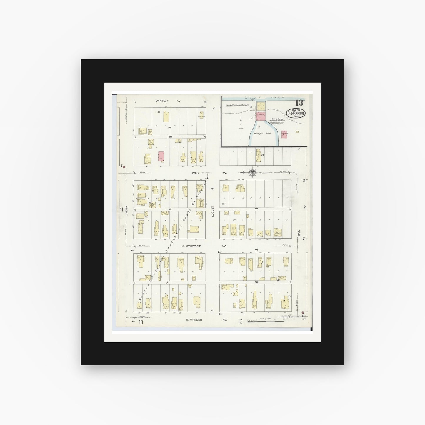 Old map wall art mockup — black gallery frame with white mat — Sanborn Fire Insurance Map from Big Rapids, Mecosta County, Michigan (1914), Sheet #0013