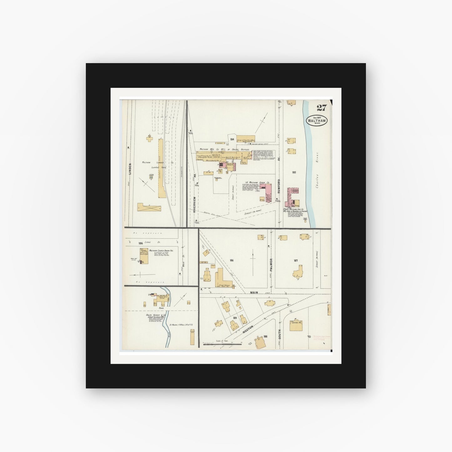 Old map wall art mockup — black gallery frame with white mat — Sanborn Fire Insurance Map from Waltham, Middlesex County, Massachusetts (1897), Sheet #0027