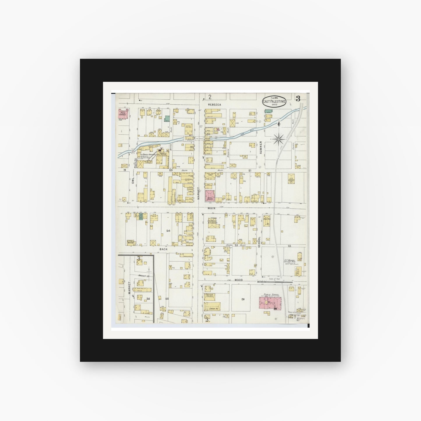 Old map wall art mockup — black gallery frame with white mat — Sanborn Fire Insurance Map from East Palestine, Columbiana County, Ohio (1896), Sheet #0003