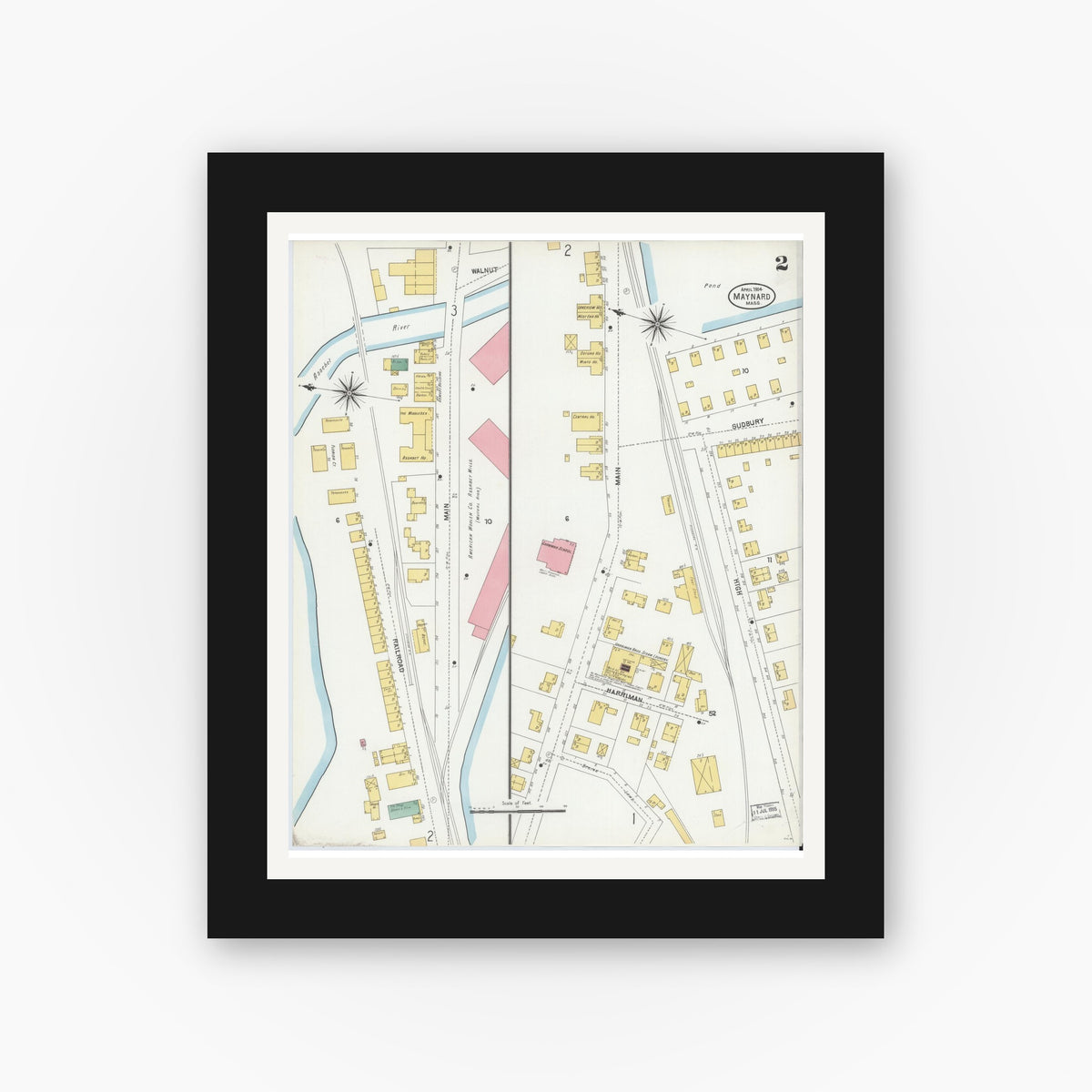 Old map wall art mockup — black gallery frame with white mat — Sanborn Fire Insurance Map from Maynard, Middlesex County, Massachusetts (1904), Sheet #0002
