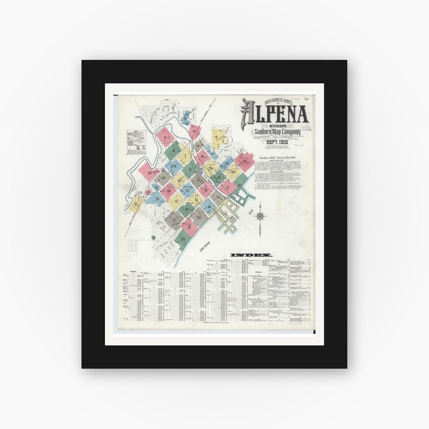 Old map wall art mockup — black gallery frame with white mat — Sanborn Fire Insurance Map from Alpena, Alpena County, Michigan (1910), Sheet #0001
