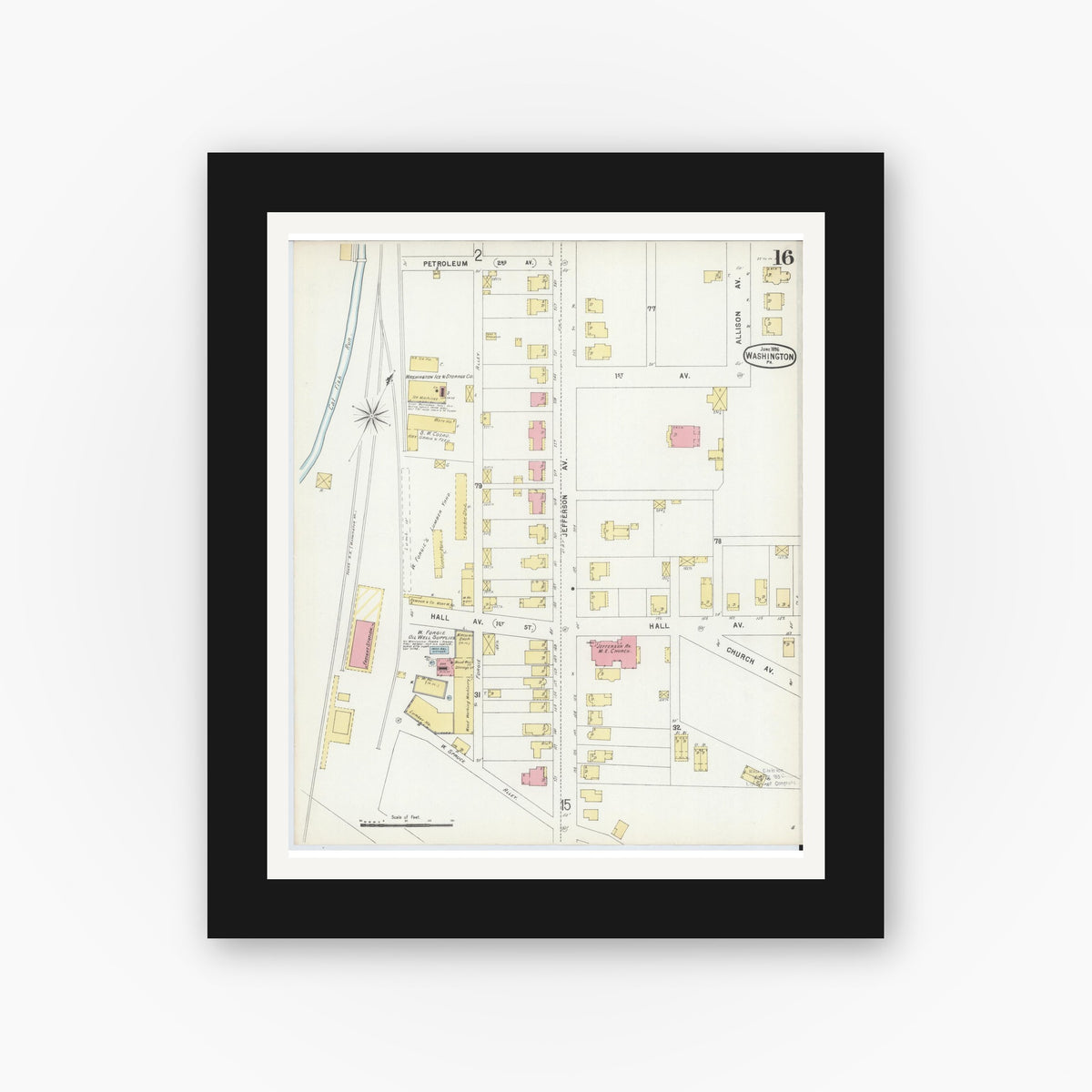 Old map wall art mockup — black gallery frame with white mat — Sanborn Fire Insurance Map from Washington, Washington County, Pennsylvania (1896), Sheet #0016