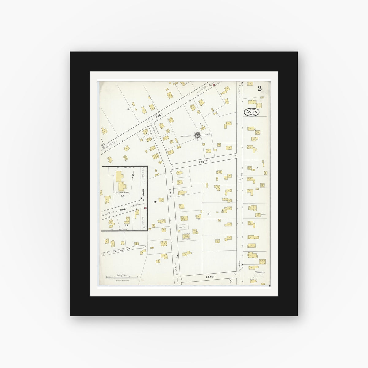Old map wall art mockup — black gallery frame with white mat — Sanborn Fire Insurance Map from Avon, Norfolk County, Massachusetts (1916), Sheet #0002