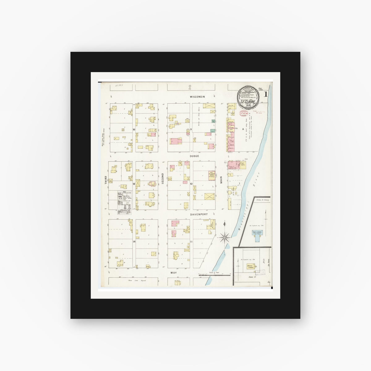 Old map wall art mockup — black gallery frame with white mat — Sanborn Fire Insurance Map from Le Claire, Scott County, Iowa (1895) — Complete Set