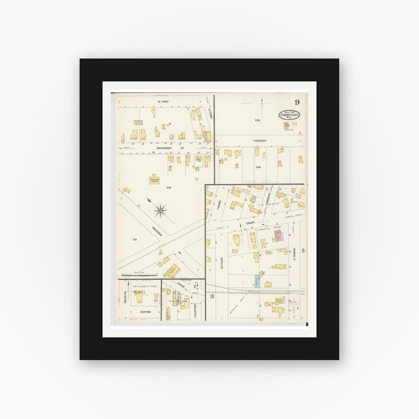 Old map wall art mockup — black gallery frame with white mat — Sanborn Fire Insurance Map from Cheboygan, Cheboygan County, Michigan (1907), Sheet #0009