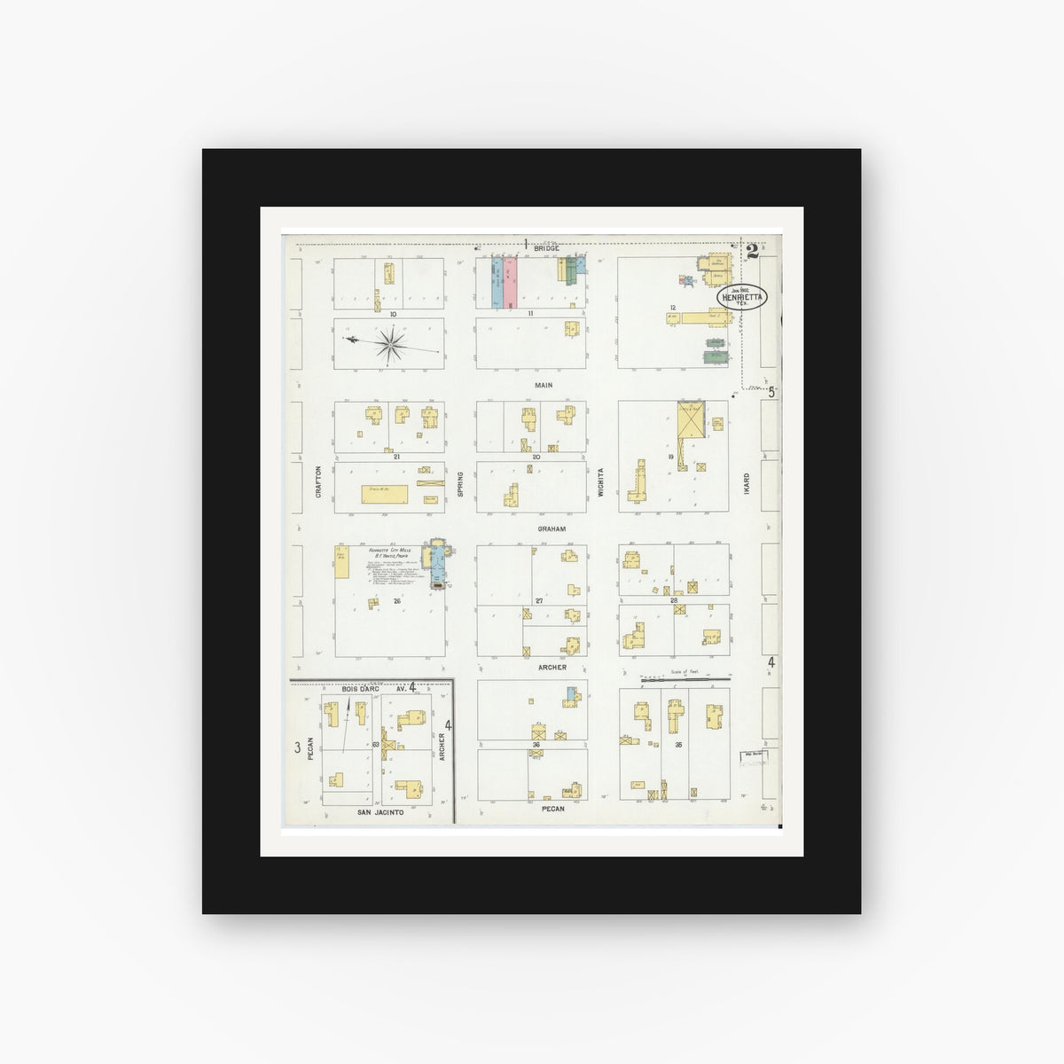 Old map wall art mockup — black gallery frame with white mat — Sanborn Fire Insurance Map from Henrietta, Clay County, Texas (1902), Sheet #0002