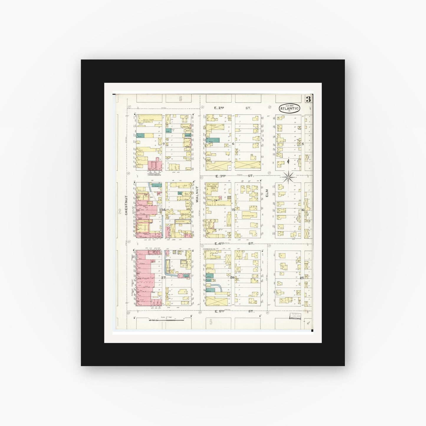 Old map wall art mockup — black gallery frame with white mat — Sanborn Fire Insurance Map from Atlantic, Cass County, Iowa (1893), Sheet #0003