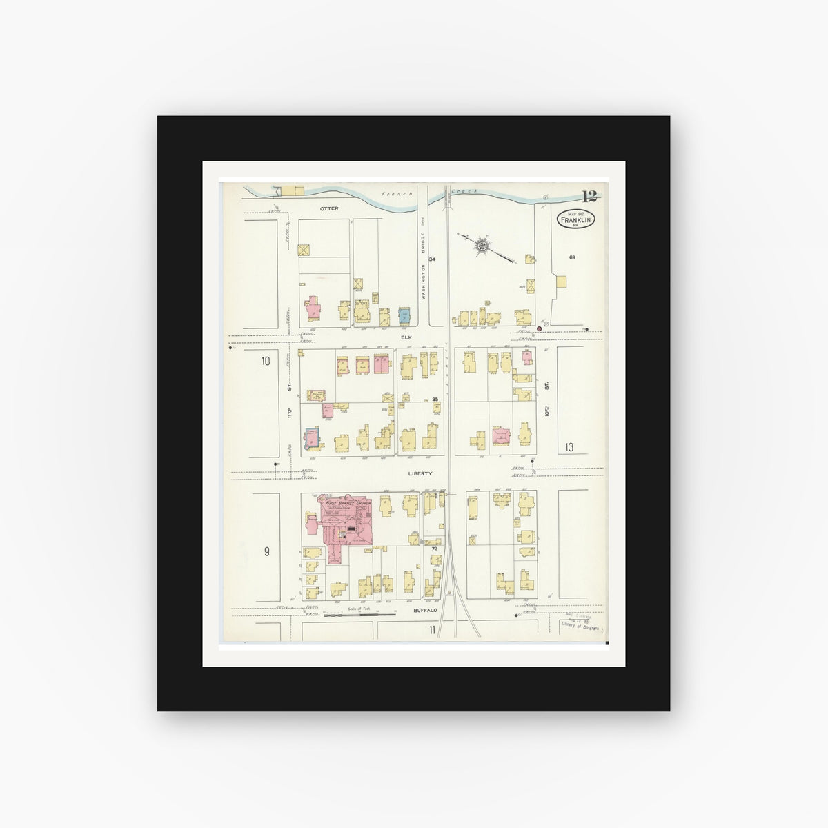 Old map wall art mockup — black gallery frame with white mat — Sanborn Fire Insurance Map from Franklin, Venango County, Pennsylvania (1912), Sheet #0012