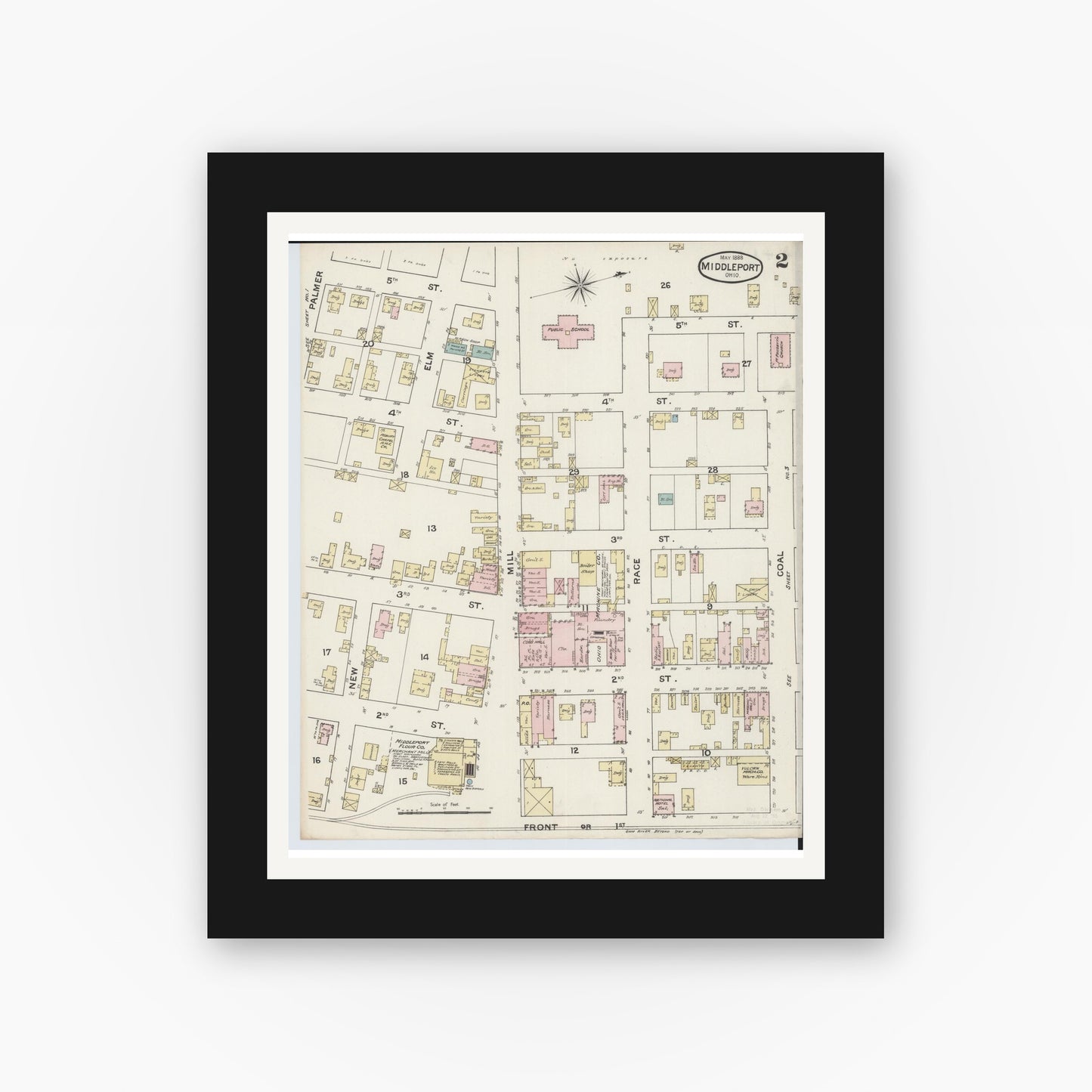 Old map wall art mockup — black gallery frame with white mat — Sanborn Fire Insurance Map from Middleport, Meigs County, Ohio (1888), Sheet #0002