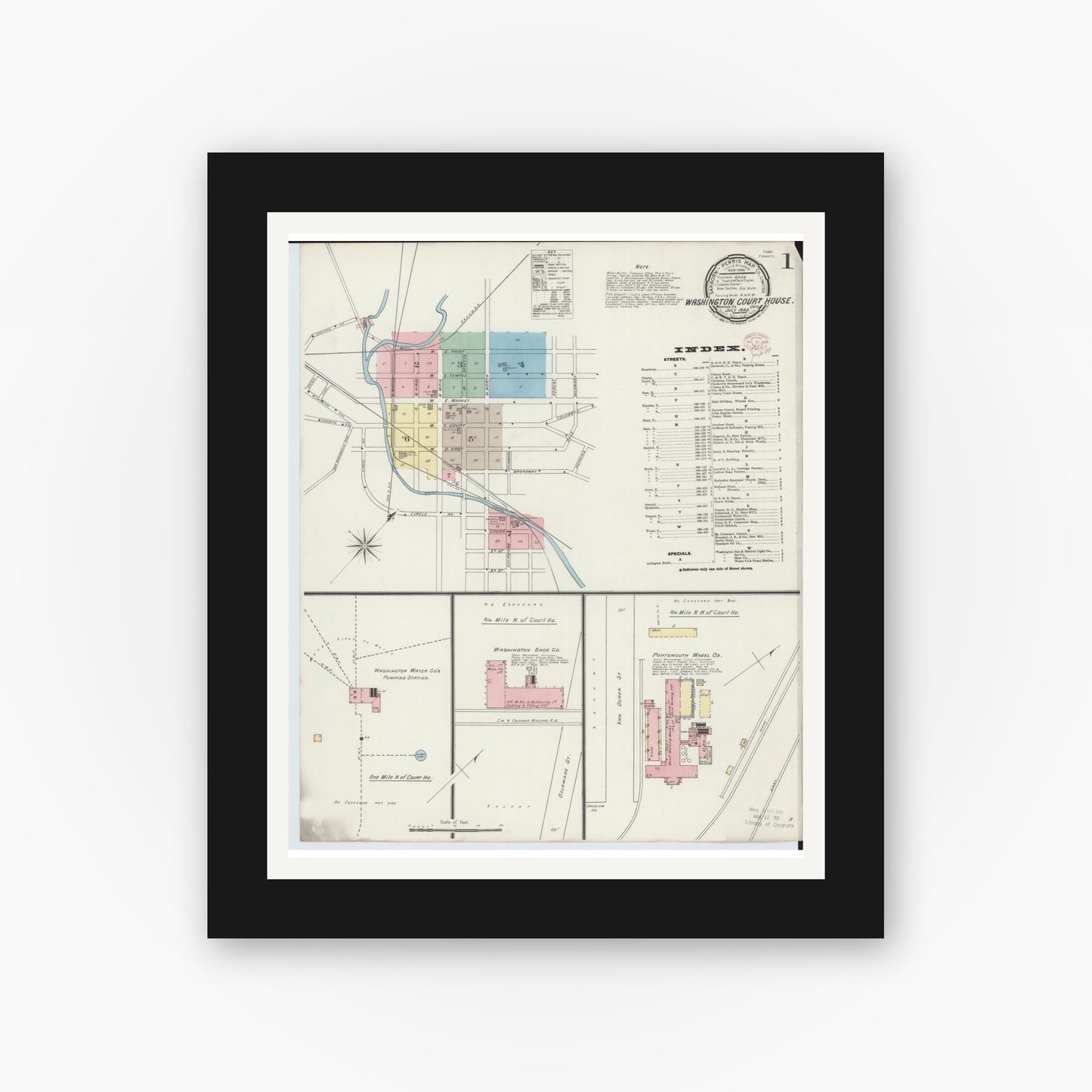 Old map wall art mockup — black gallery frame with white mat — Sanborn Fire Insurance Map from Washington Court House, Fayette County, Ohio (1895) - Complete Map Set