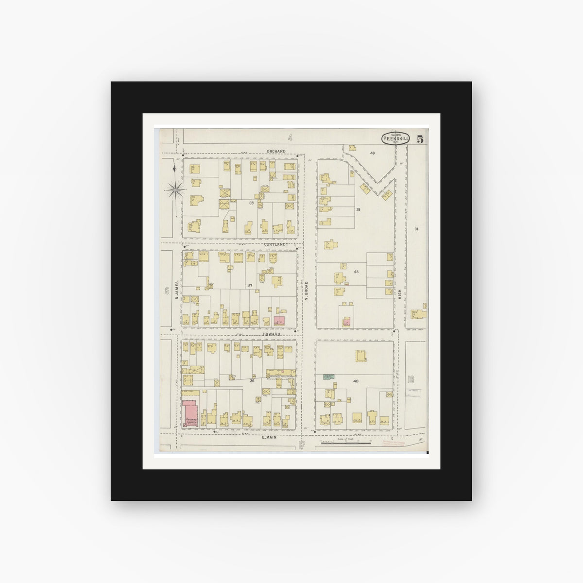 Old map wall art mockup — black gallery frame with white mat — Sanborn Fire Insurance Map from Peekskill, Westchester County, New York (1895), Sheet #0005