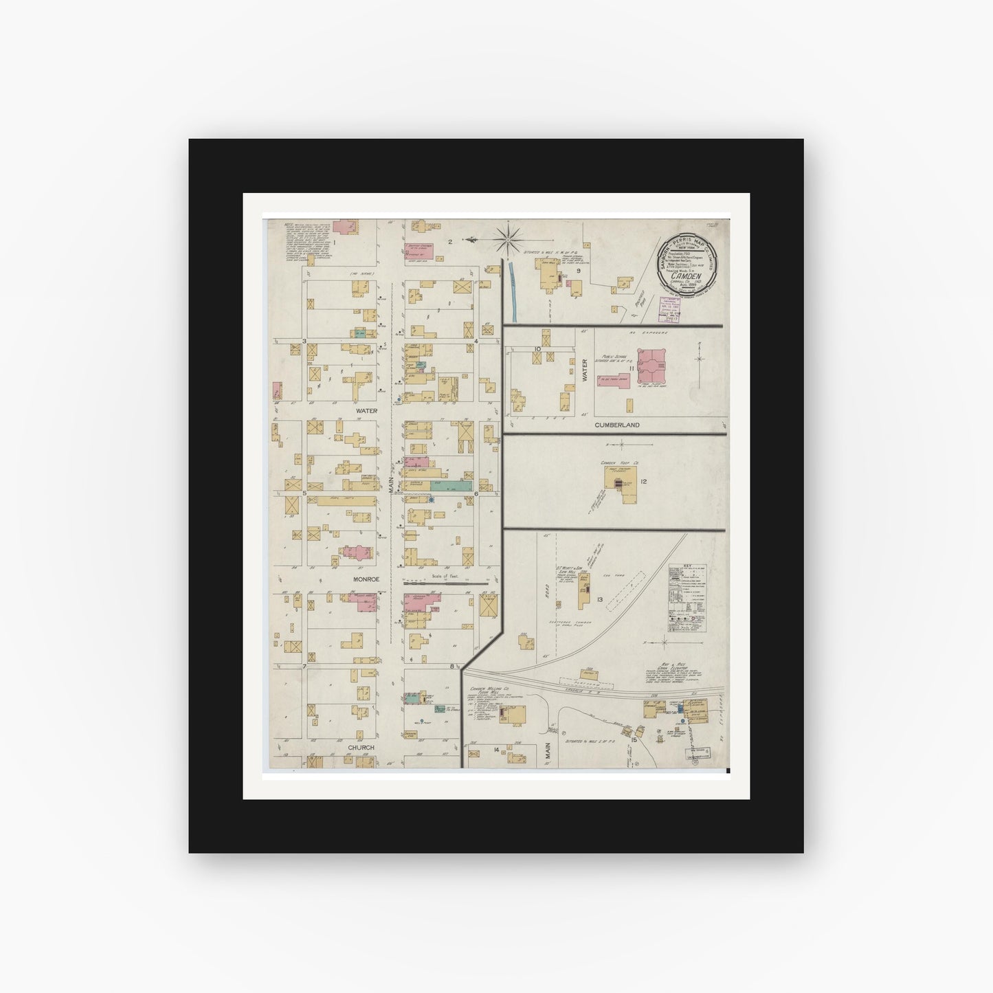 Old map wall art mockup — black gallery frame with white mat — Sanborn Fire Insurance Map from Camden, Carroll County, Indiana (1899), Sheet #0001