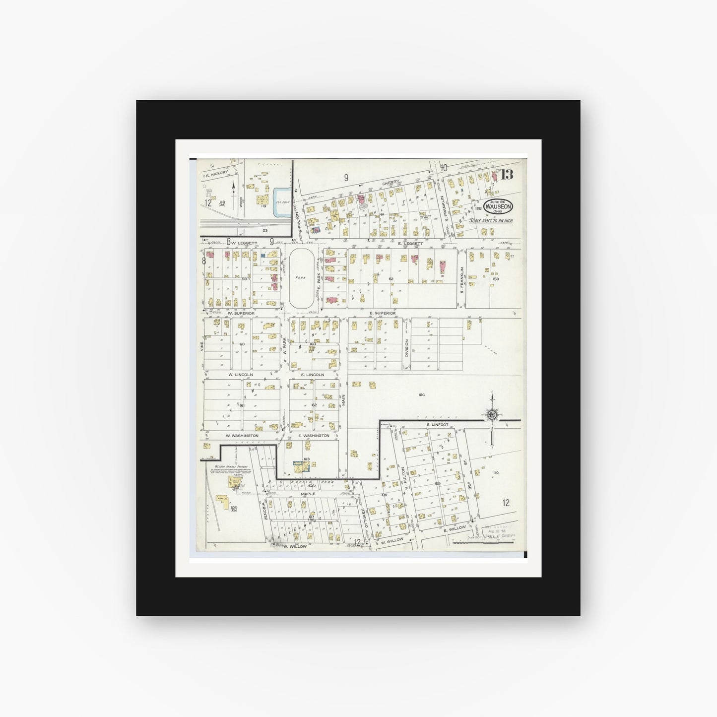 Old map wall art mockup — black gallery frame with white mat — Sanborn Fire Insurance Map from Wauseon, Fulton County, Ohio (1916), Sheet #0013