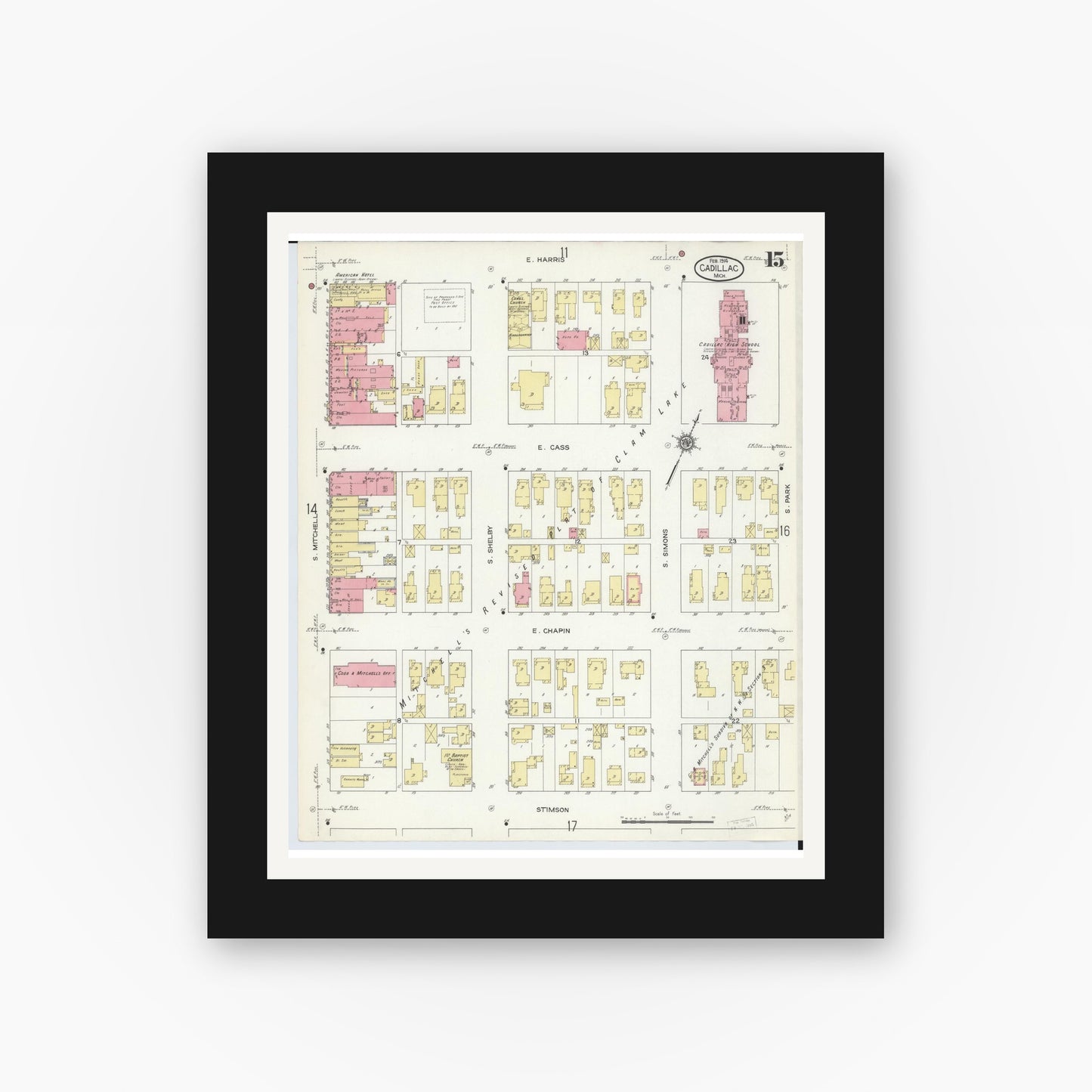 Old map wall art mockup — black gallery frame with white mat — Sanborn Fire Insurance Map from Cadillac, Wexford County, Michigan (1914), Sheet #0015