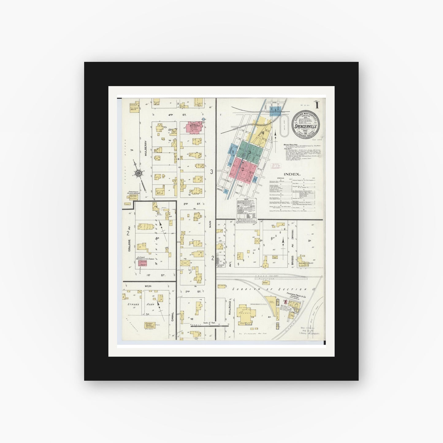 Old map wall art mockup — black gallery frame with white mat — Sanborn Fire Insurance Map from Spencerville, Allen County, Ohio (1911), Sheet #0001