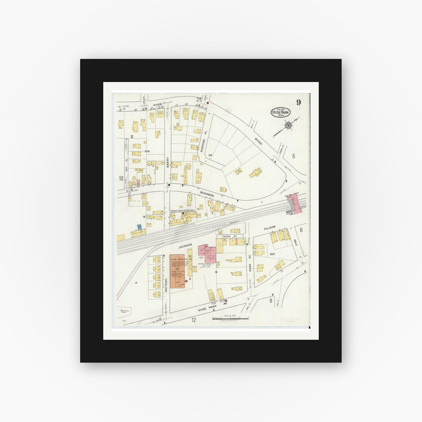 Old map wall art mockup — black gallery frame with white mat — Sanborn Fire Insurance Map from Hyde Park, Norfolk County, Massachusetts (1917), Sheet #0009