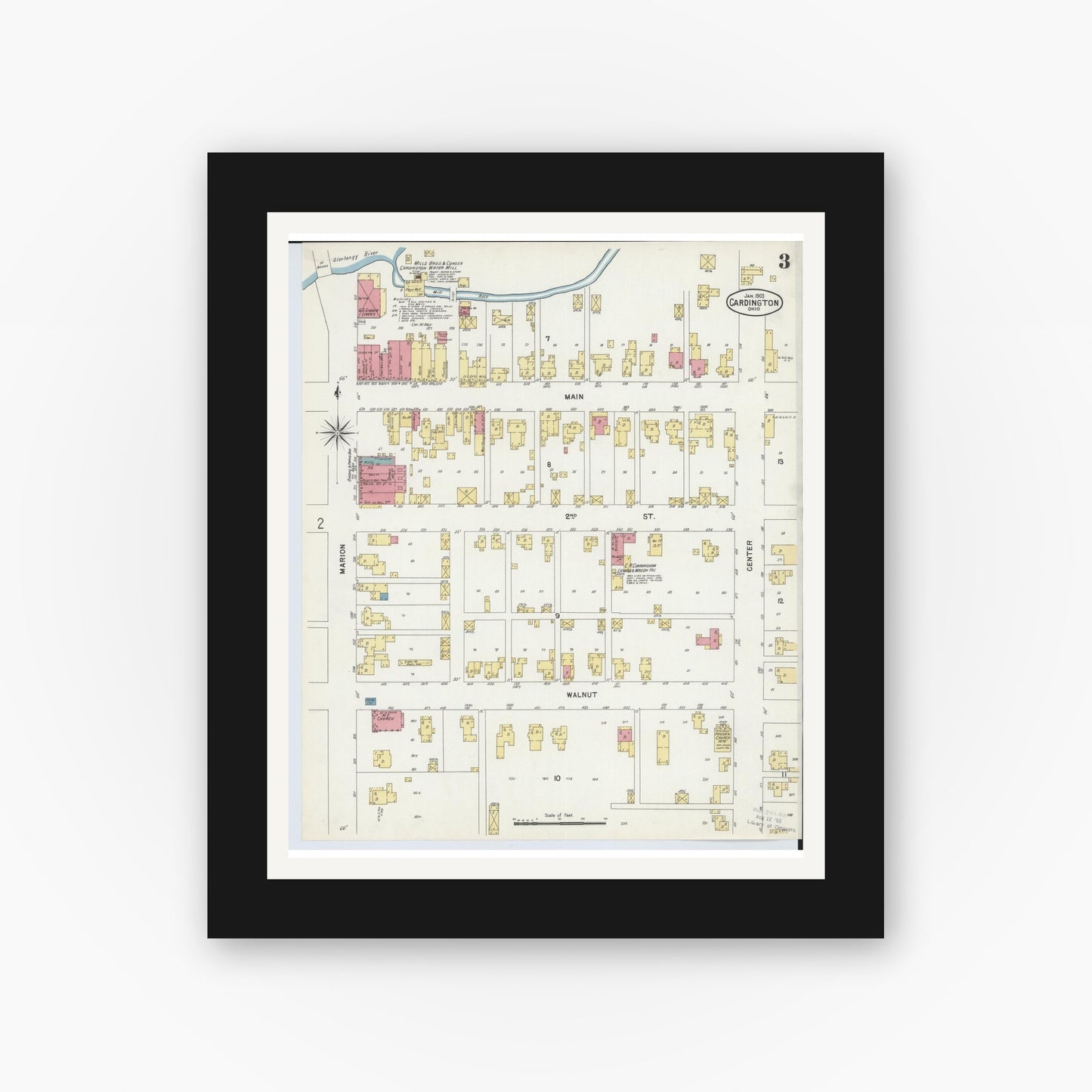 Old map wall art mockup — black gallery frame with white mat — Sanborn Fire Insurance Map from Cardington, Morrow County, Ohio (1903), Sheet #0003