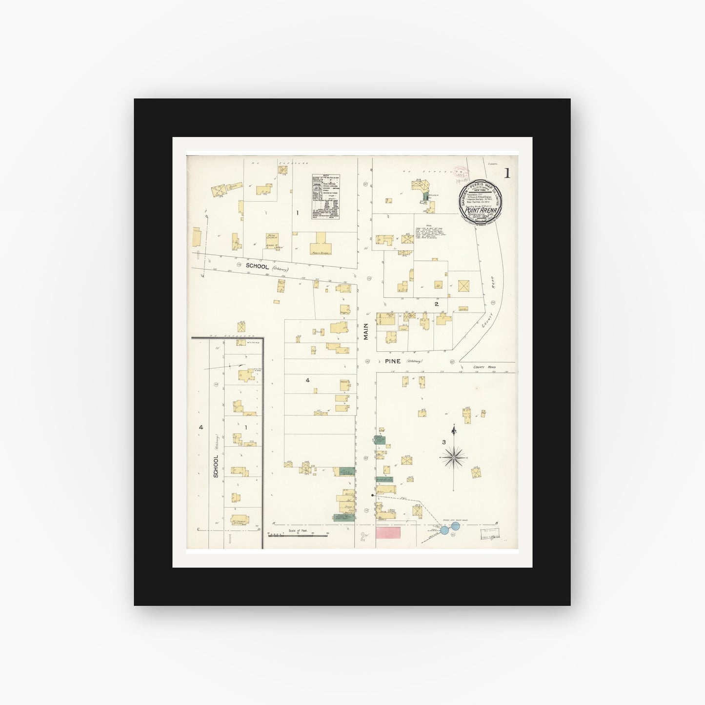 Old map wall art mockup — black gallery frame with white mat — Sanborn Fire Insurance Map from Point Arena, Mendocino County, California (1894) - Complete Map Set