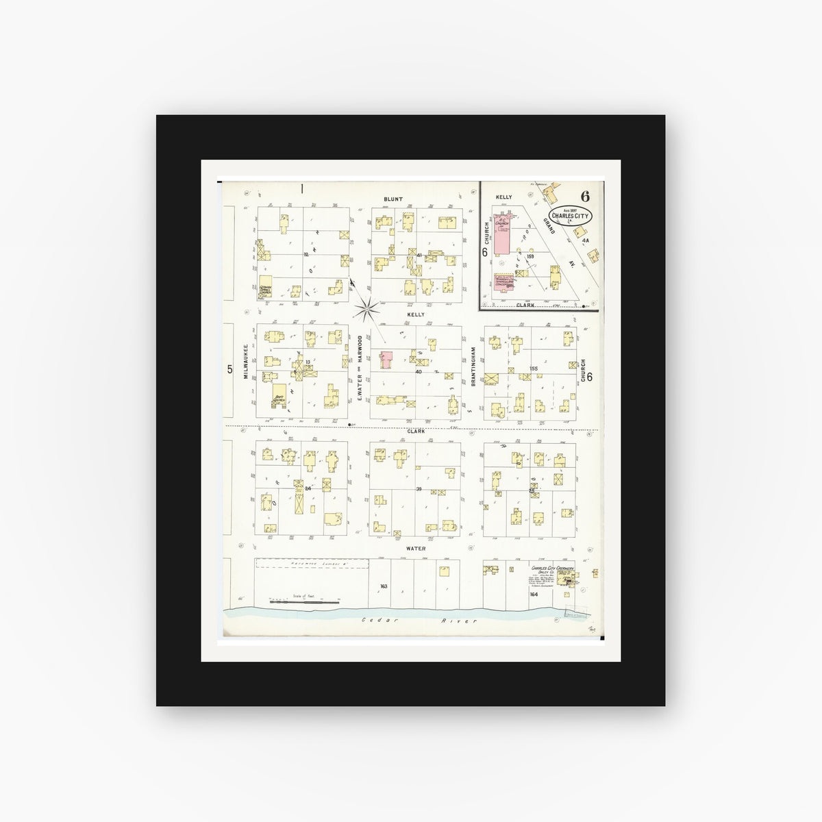 Old map wall art mockup — black gallery frame with white mat — Sanborn Fire Insurance Map from Charles City, Floyd County, Iowa (1897), Sheet #0006
