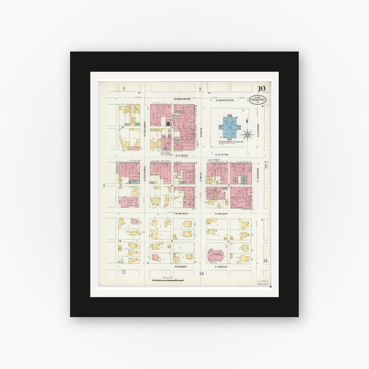 Old map wall art mockup — black gallery frame with white mat — Sanborn Fire Insurance Map from Frankfort, Clinton County, Indiana (1898), Sheet #0010