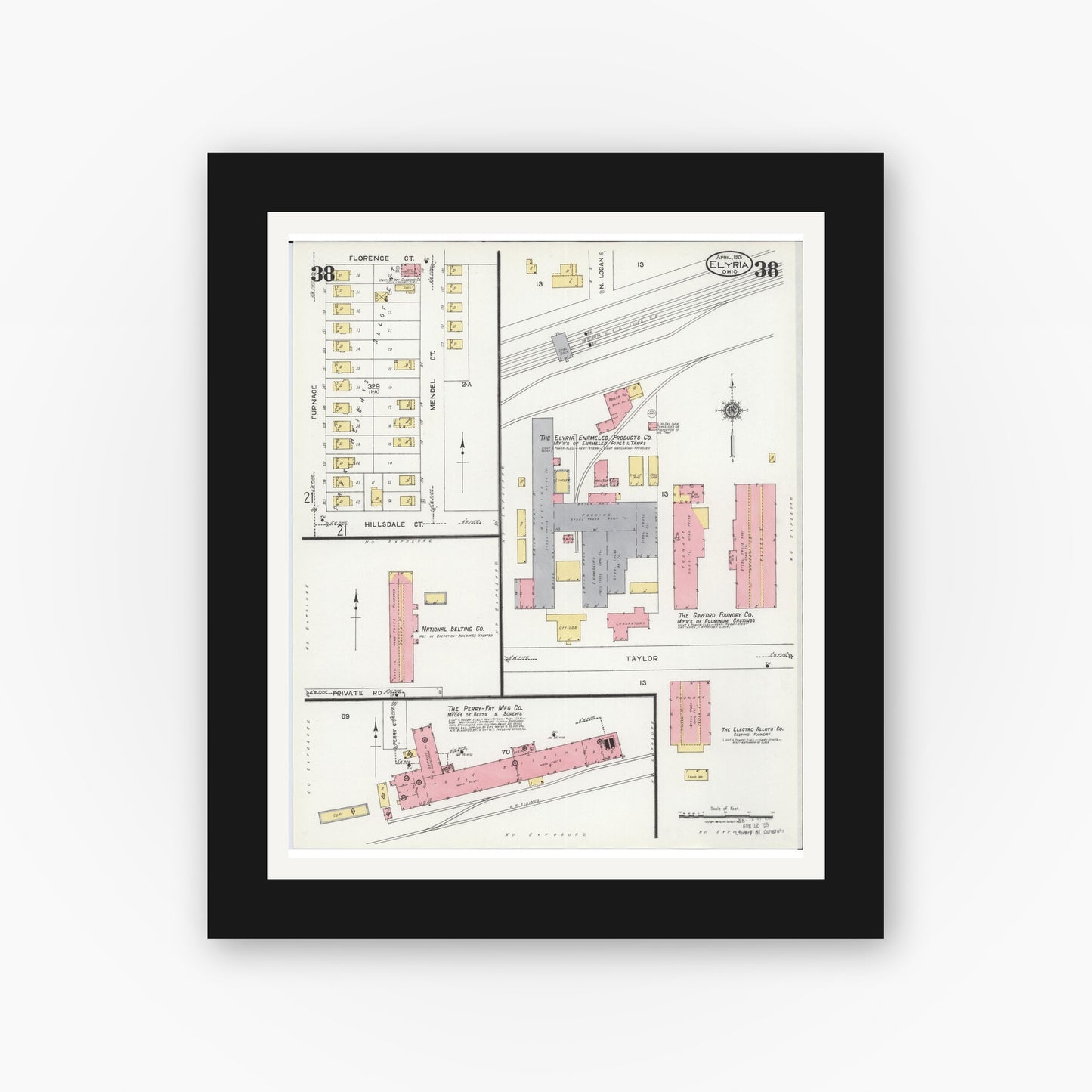 Old map wall art mockup — black gallery frame with white mat — Sanborn Fire Insurance Map from Elyria, Lorain County, Ohio (1925), Sheet #0038