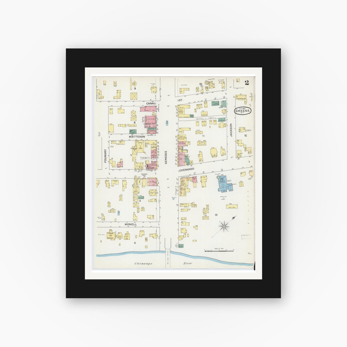 Old map wall art mockup — black gallery frame with white mat — Sanborn Fire Insurance Map from Greene, Chenango County, New York (1892), Sheet #0002