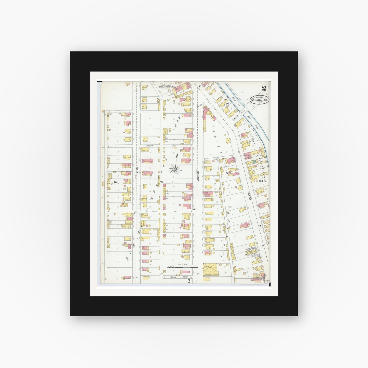 Old map wall art mockup — black gallery frame with white mat — Sanborn Fire Insurance Map from Chillicothe, Ross County, Ohio (1900), Sheet #0002
