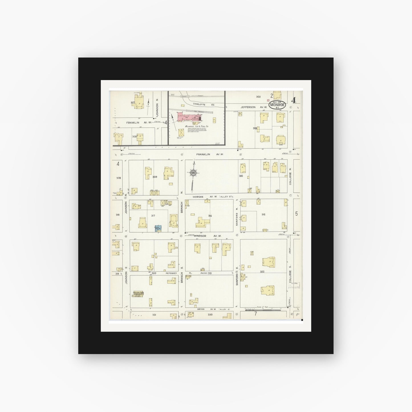 Old map wall art mockup — black gallery frame with white mat — Sanborn Fire Insurance Map from Monroe, Union County, North Carolina (1914), Sheet #0004