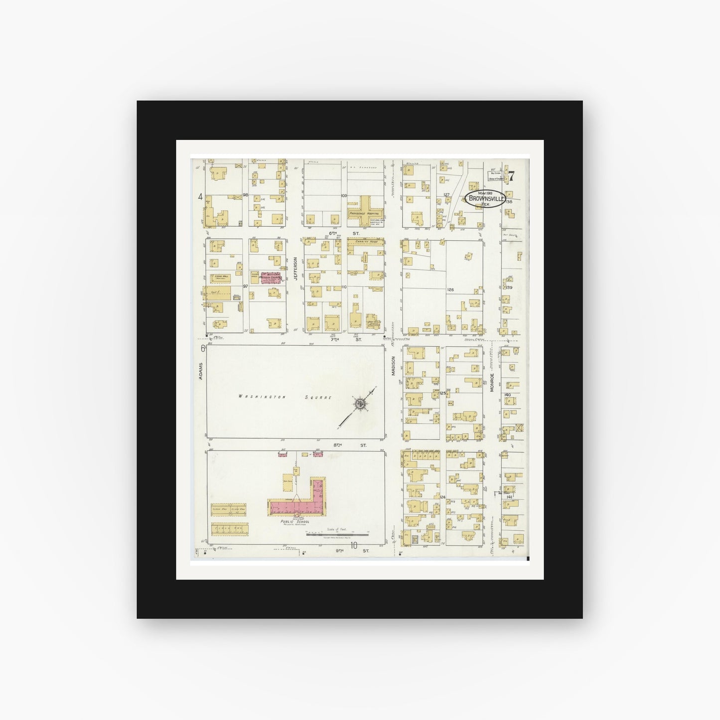 Old map wall art mockup — black gallery frame with white mat — Sanborn Fire Insurance Map from Brownsville, Cameron County, Texas (1919), Sheet #0007