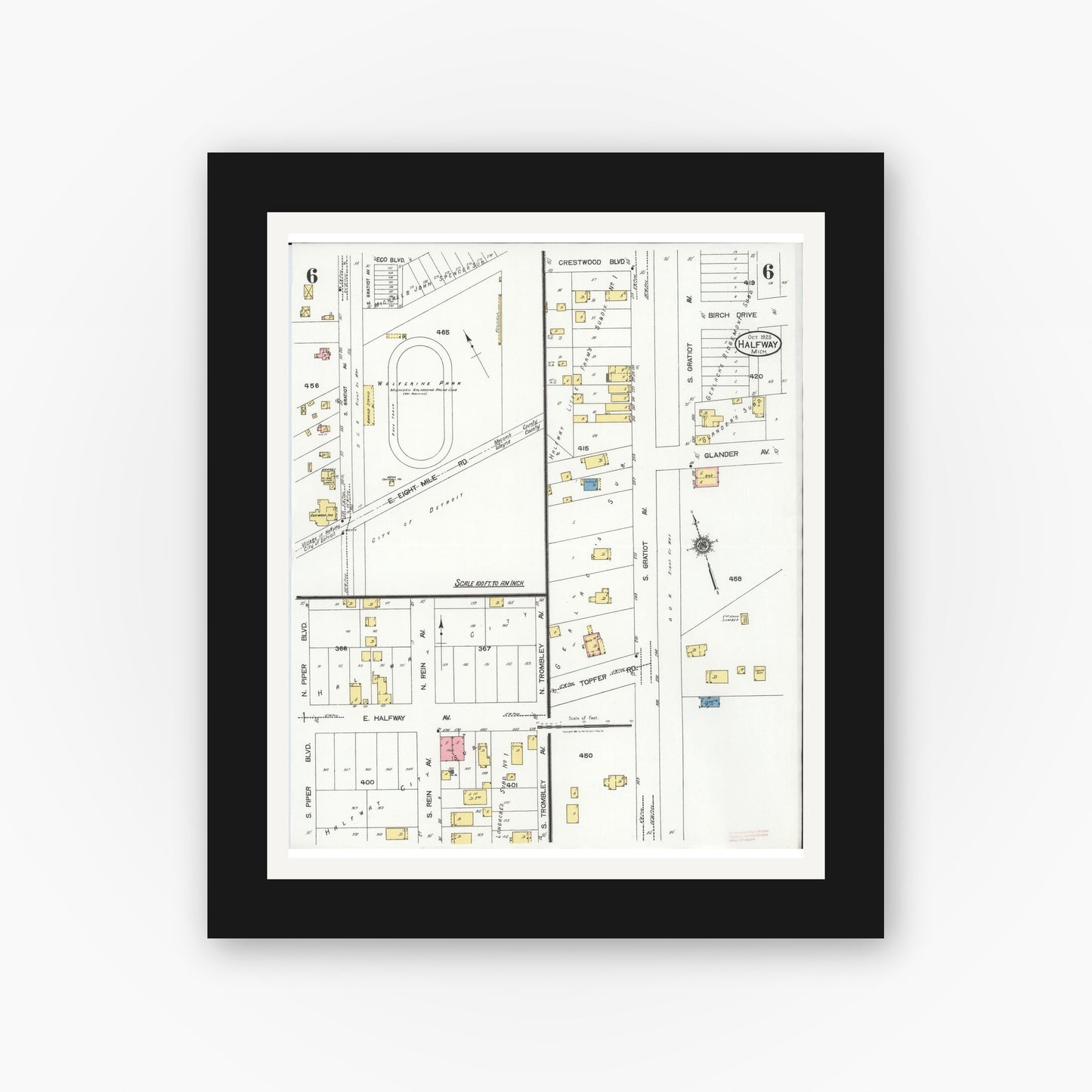 Old map wall art mockup — black gallery frame with white mat — Sanborn Fire Insurance Map from Halfway, Macomb County, Michigan (1925), Sheet #0006