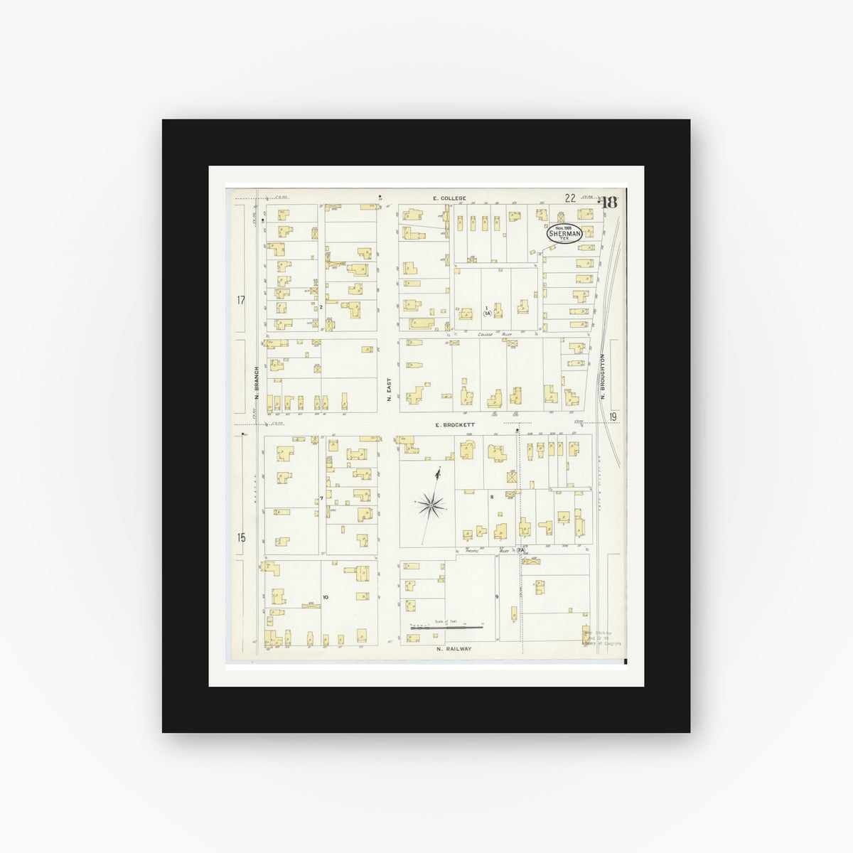 Old map wall art mockup — black gallery frame with white mat — Sanborn Fire Insurance Map from Sherman, Grayson County, Texas (1908), Sheet #0018