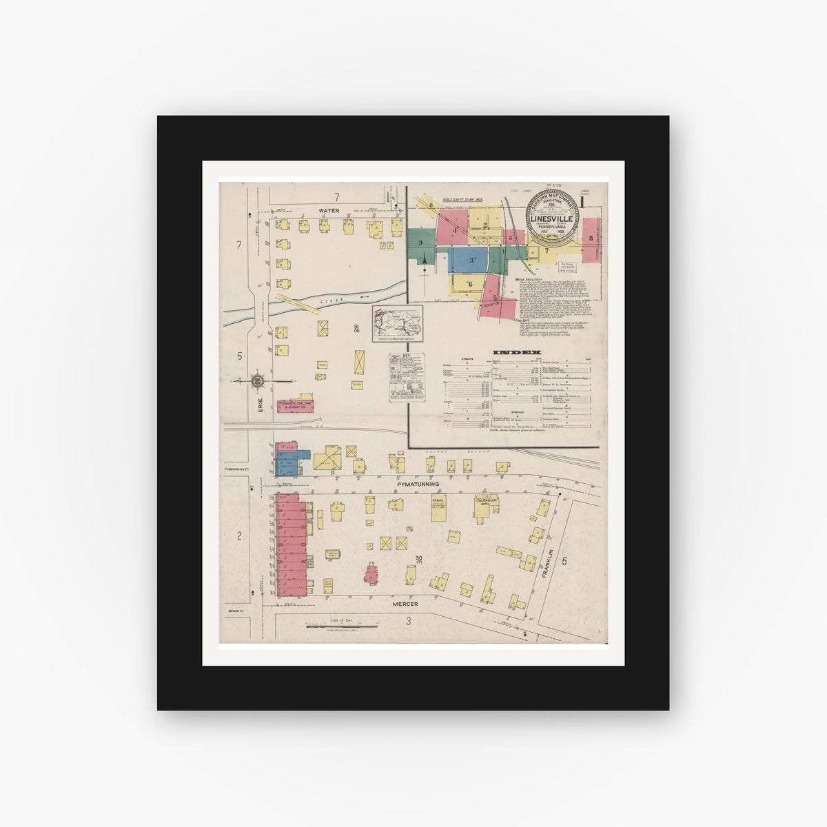 Old map wall art mockup — black gallery frame with white mat — Sanborn Fire Insurance Map from Linesville, Crawford County, Pennsylvania (1922), Sheet #0001