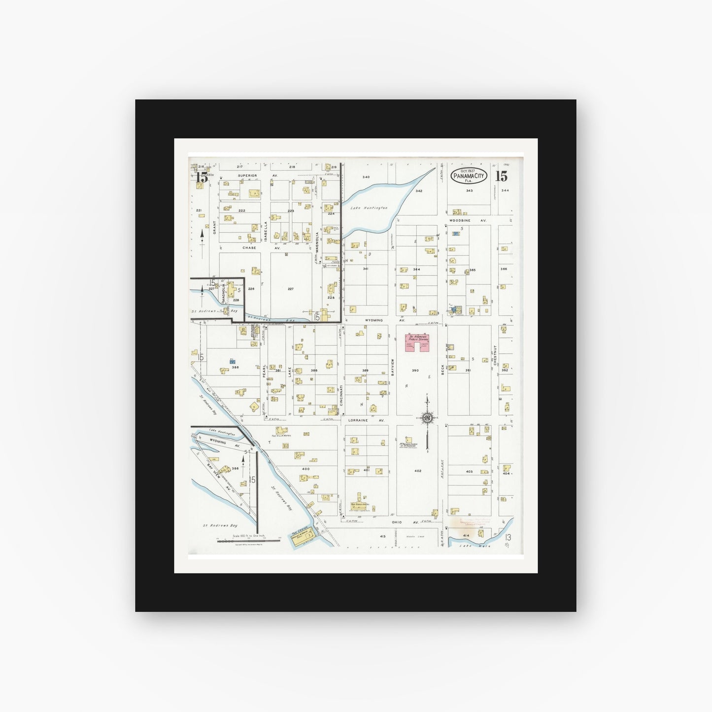 Old map wall art mockup — black gallery frame with white mat — Sanborn Fire Insurance Map from Panama City, Bay County, Florida (1927), Sheet #0015