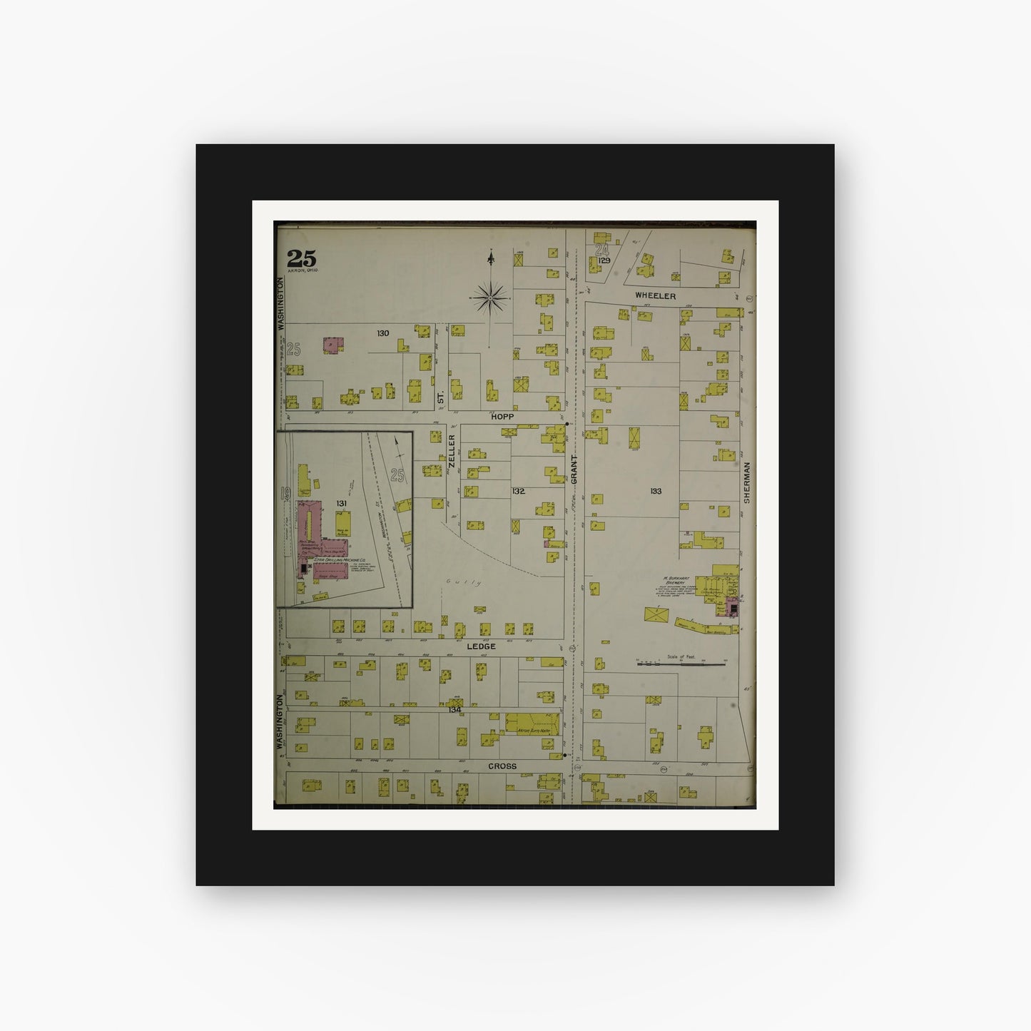 Old map wall art mockup — black gallery frame with white mat — Sanborn Fire Insurance Map from Akron, Summit County, Ohio (1892), Sheet #0025