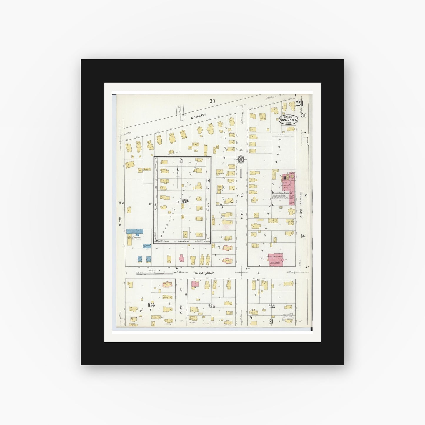 Old map wall art mockup — black gallery frame with white mat — Sanborn Fire Insurance Map from Ann Arbor, Washtenaw County, Michigan (1916), Sheet #0021