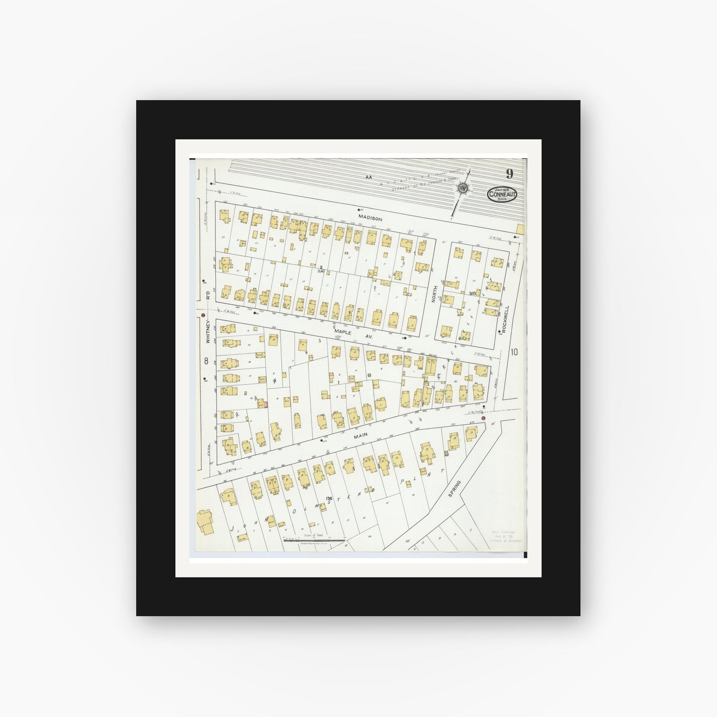 Old map wall art mockup — black gallery frame with white mat — Sanborn Fire Insurance Map from Conneaut, Ashtabula County, Ohio (1919), Sheet #0009