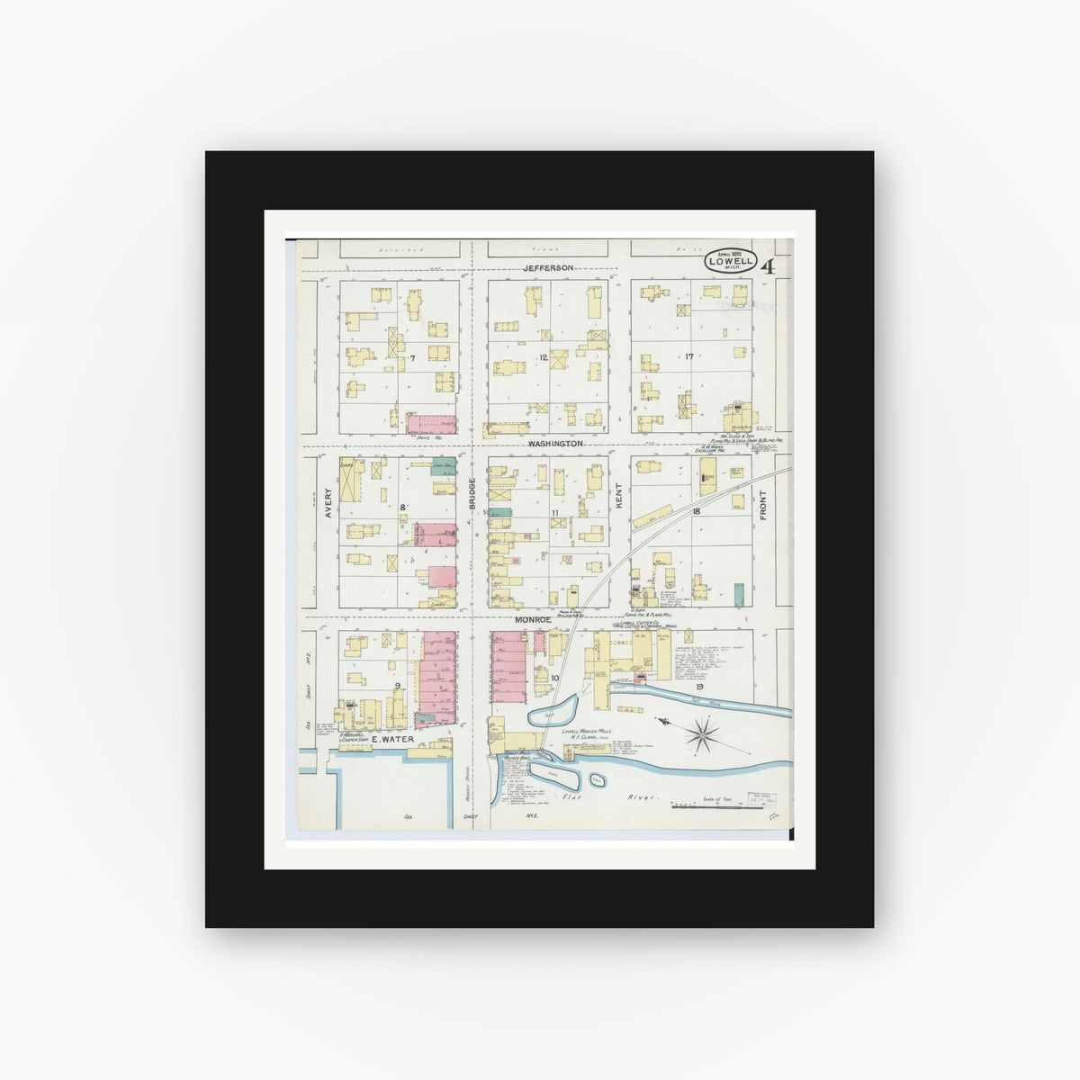 Old map wall art mockup — black gallery frame with white mat — Sanborn Fire Insurance Map from Lowell, Kent County, Michigan (1892), Sheet #0004