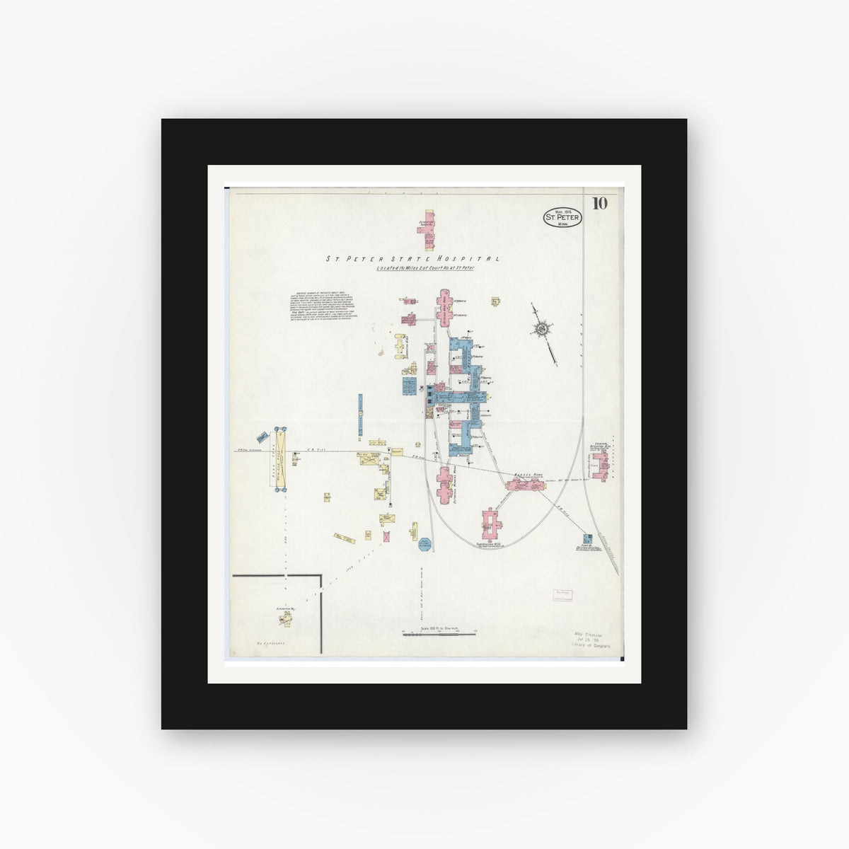 Old map wall art mockup — black gallery frame with white mat — Sanborn Fire Insurance Map from Saint Peter, Nicollet County, Minnesota (1914), Sheet #0010