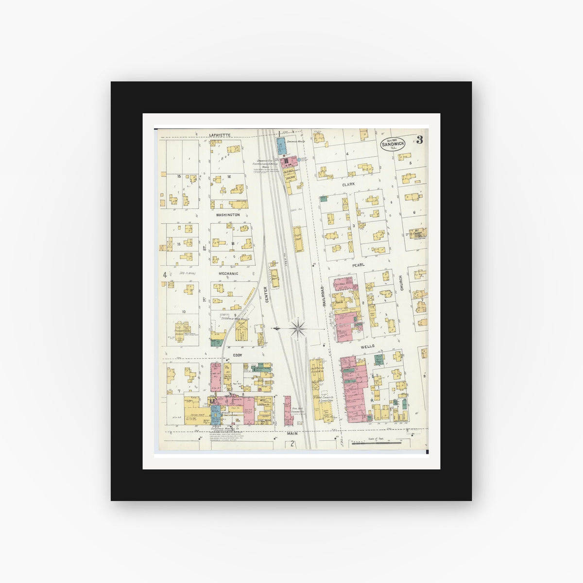 Old map wall art mockup — black gallery frame with white mat — Sanborn Fire Insurance Map from Sandwich, De Kalb County, Illinois (1902), Sheet #0003