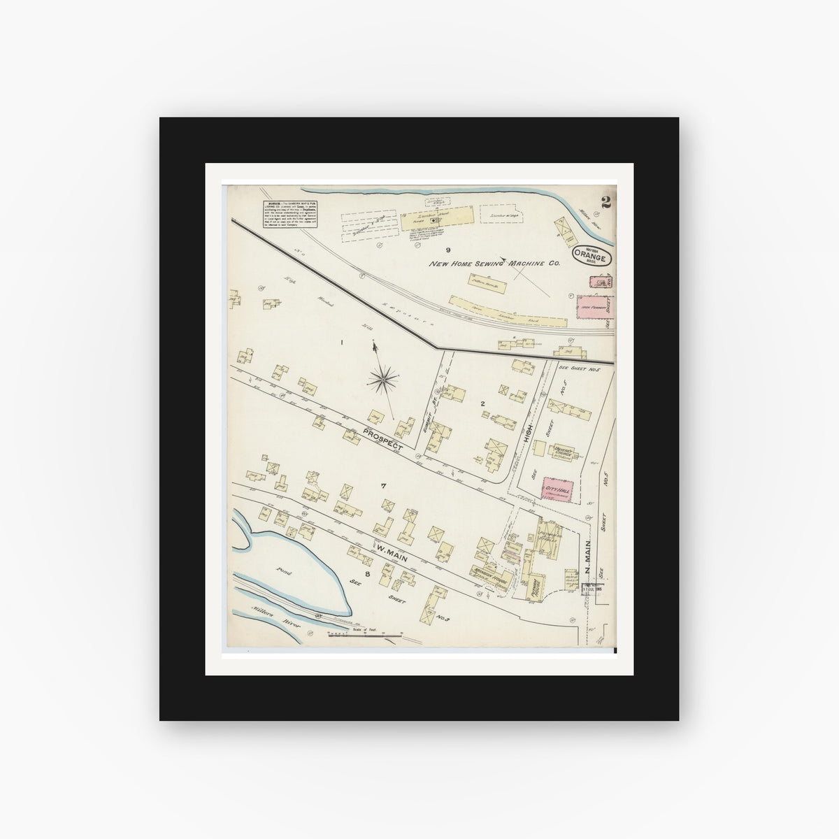 Old map wall art mockup — black gallery frame with white mat — Sanborn Fire Insurance Map from Orange, Franklin County, Massachusetts (1884), Sheet #0002