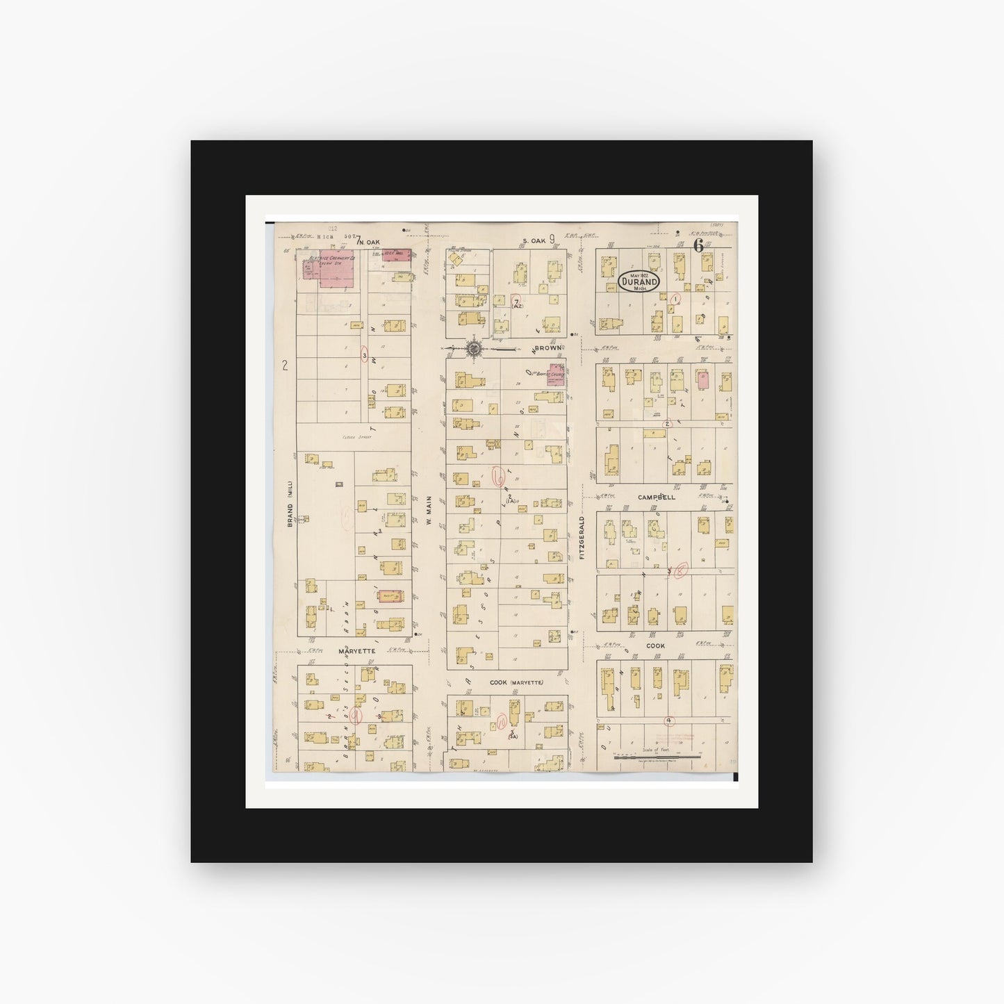 Old map wall art mockup — black gallery frame with white mat — Sanborn Fire Insurance Map from Durand, Shiawassee County, Michigan (1944), Sheet #0006