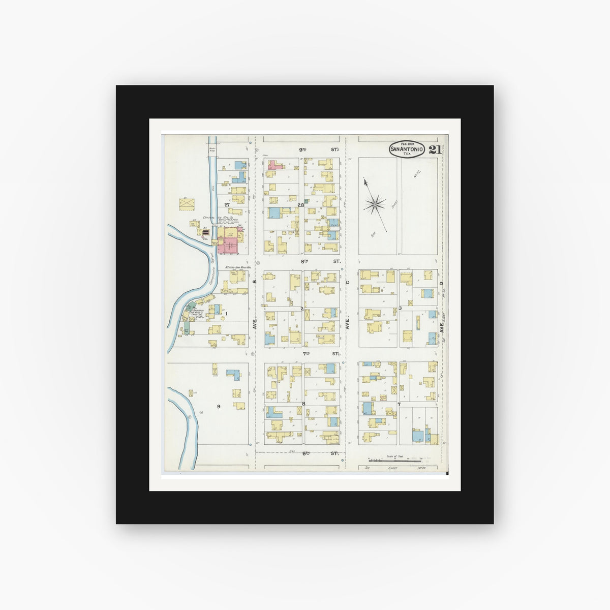 Old map wall art mockup — black gallery frame with white mat — Sanborn Fire Insurance Map from San Antonio, Bexar County, Texas (1892), Sheet #0021