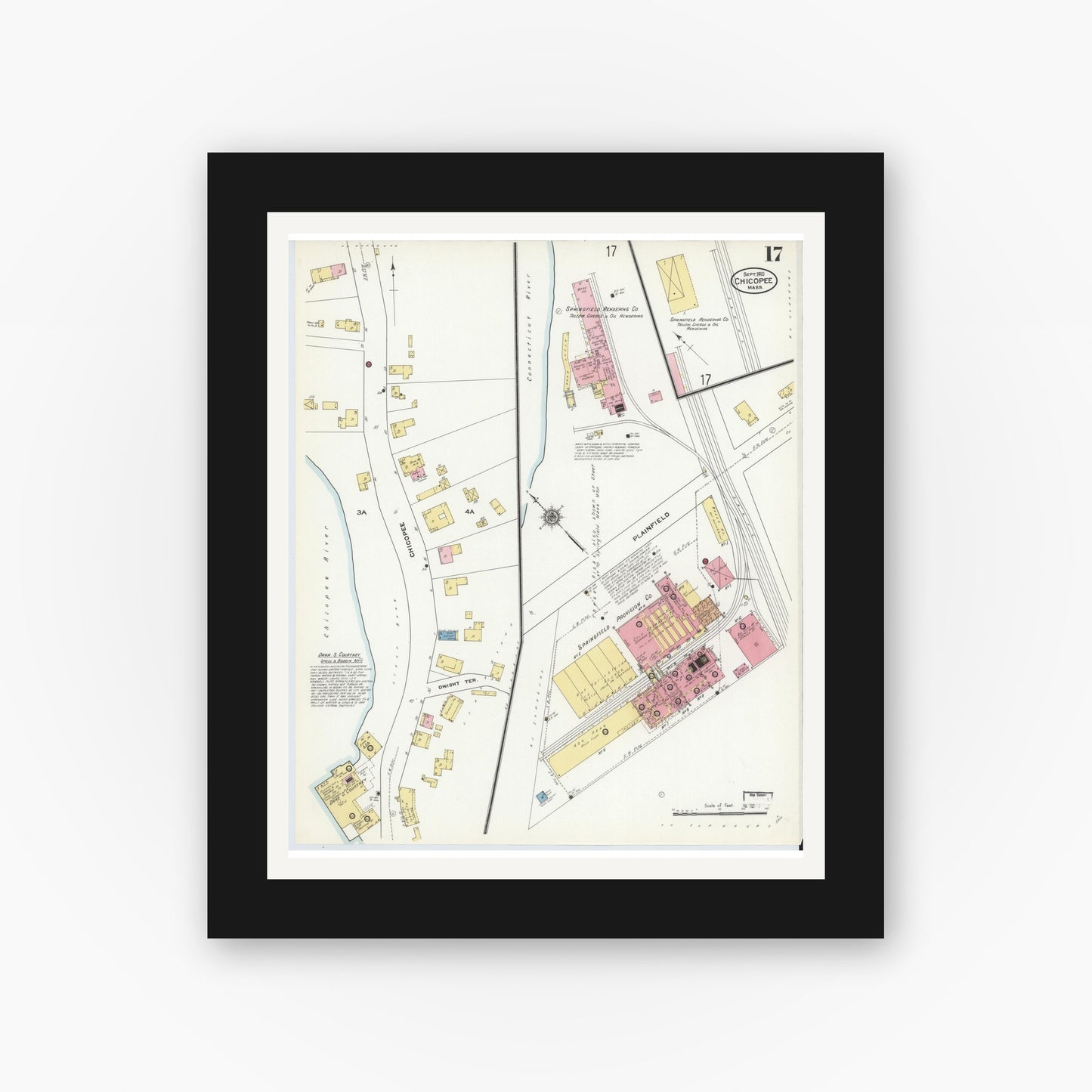 Old map wall art mockup — black gallery frame with white mat — Sanborn Fire Insurance Map from Chicopee, Hampden County, Massachusetts (1910), Sheet #0017