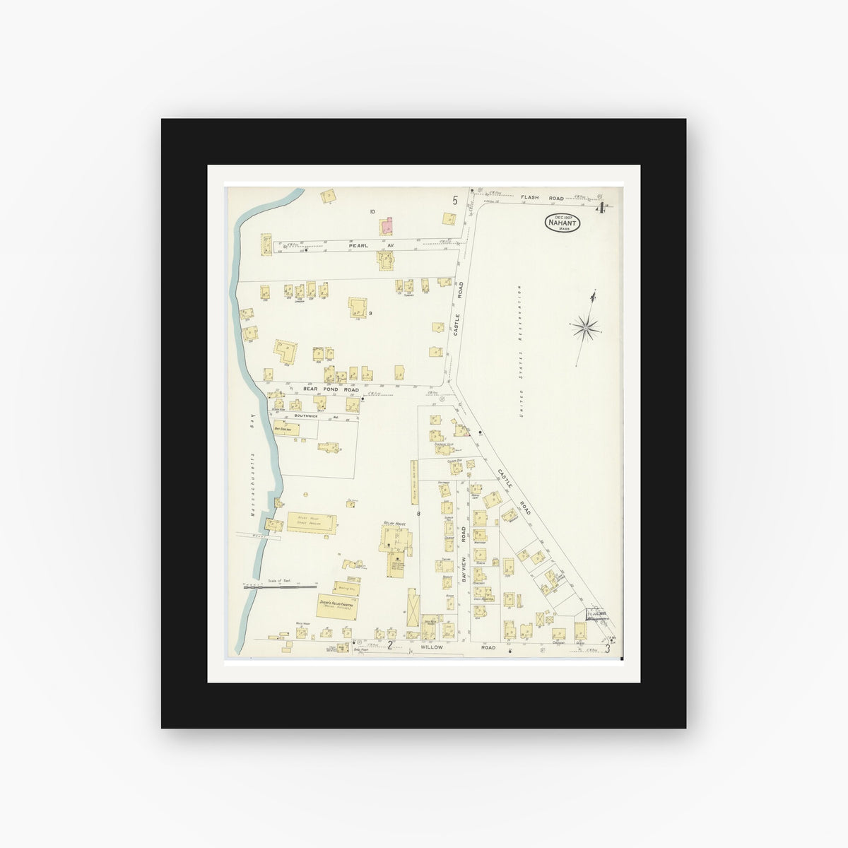 Old map wall art mockup β black gallery frame with white mat β Sanborn Fire Insurance Map from Nahant, Essex County, Massachusetts (1907), Sheet #0004