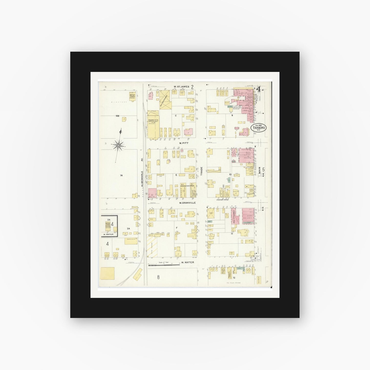 Old map wall art mockup — black gallery frame with white mat — Sanborn Fire Insurance Map from Tarboro, Edgecombe County, North Carolina (1908), Sheet #0004
