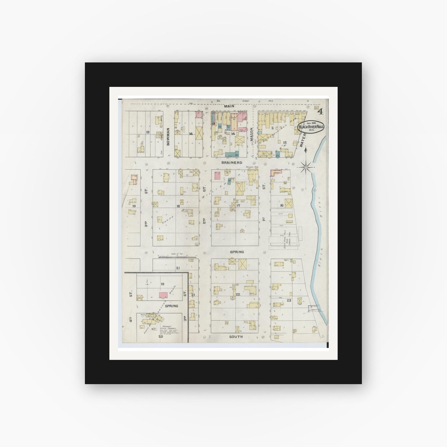 Old map wall art mockup — black gallery frame with white mat — Sanborn Fire Insurance Map from Black River Falls, Jackson County, Wisconsin (1892), Sheet #0004