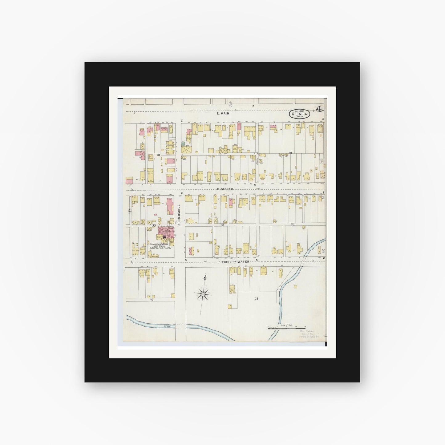 Old map wall art mockup — black gallery frame with white mat — Sanborn Fire Insurance Map from Xenia, Greene County, Ohio (1895), Sheet #0004