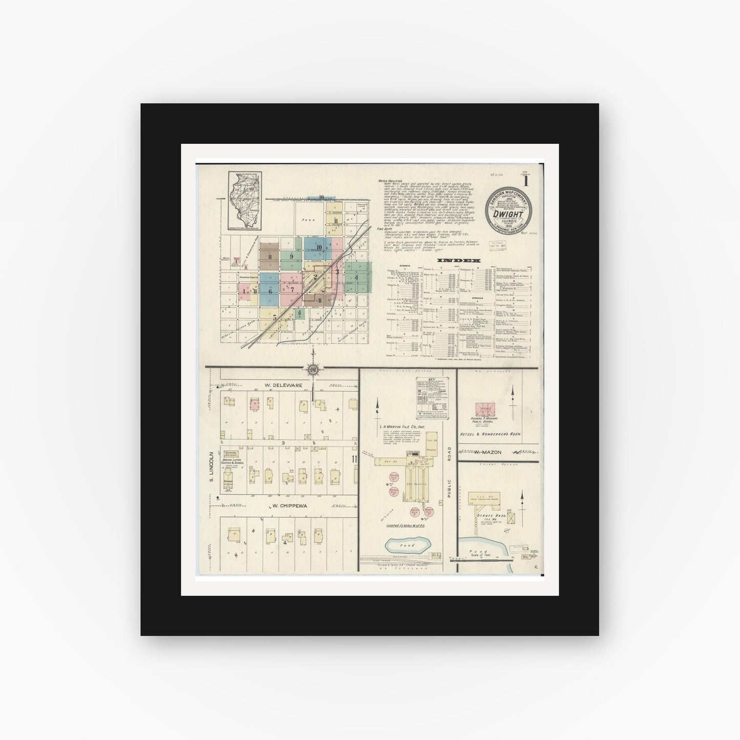 Old map wall art mockup — black gallery frame with white mat — Sanborn Fire Insurance Map from Dwight, Livingston County, Illinois (1914) - Complete Map Set